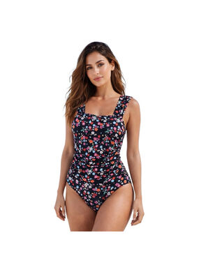 B2PRITY Floral One Piece Swimsuit Ruched Tummy Control Black Multicolor Medium N